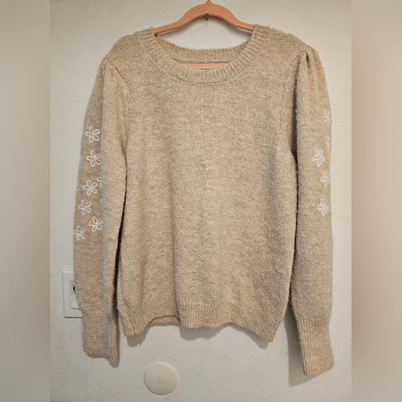 CeCe Sweaters - CeCe Beige Sweater with White Floral Details